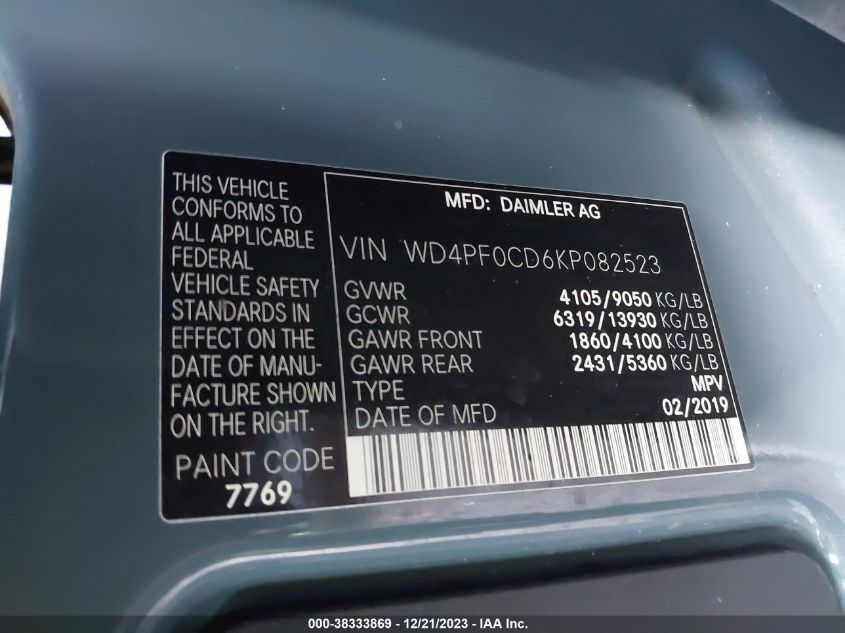 2019 MERCEDES-BENZ SPRINTER 2500 HIGH ROOF V6/STANDARD ROOF V6 - WD4PF0CD6KP082523