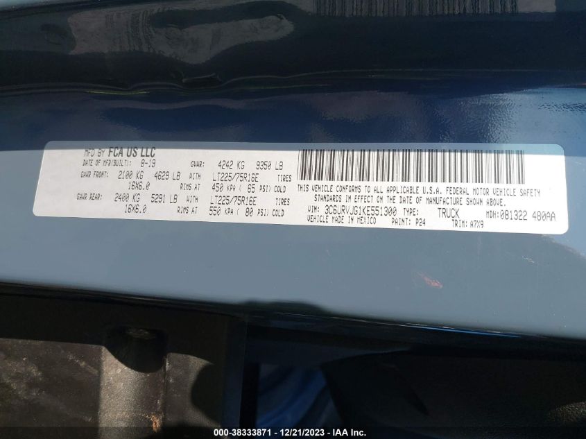 2019 RAM PROMASTER 3500 CARGO VAN HIGH ROOF 159 WB EXT - 3C6URVJG1KE551300