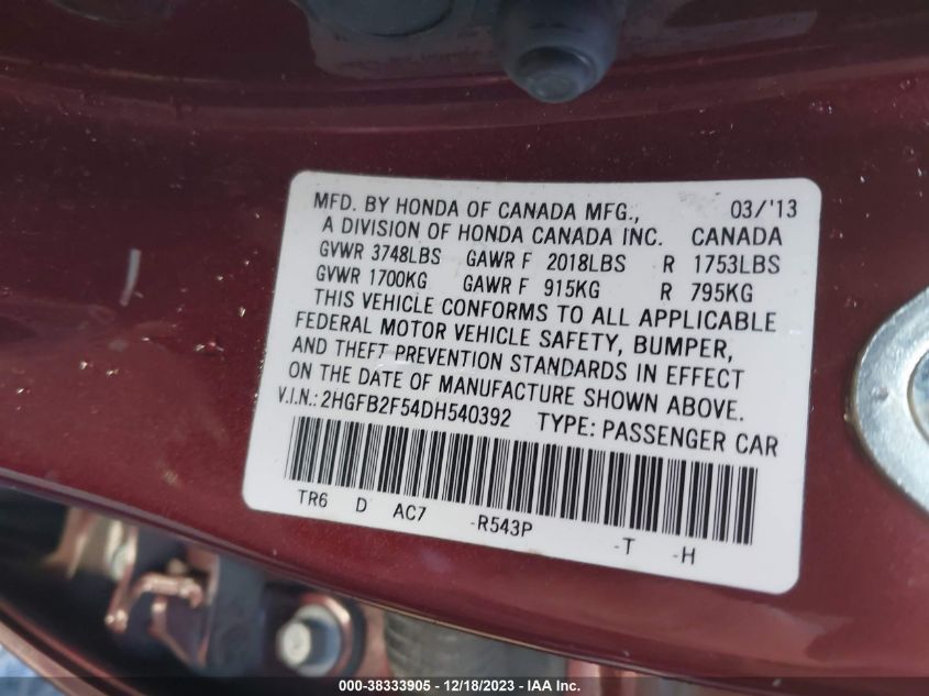 2013 HONDA CIVIC LX - 2HGFB2F54DH540392