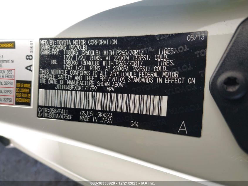 2013 TOYOTA FJ CRUISER JTEBU4BFXDK171799