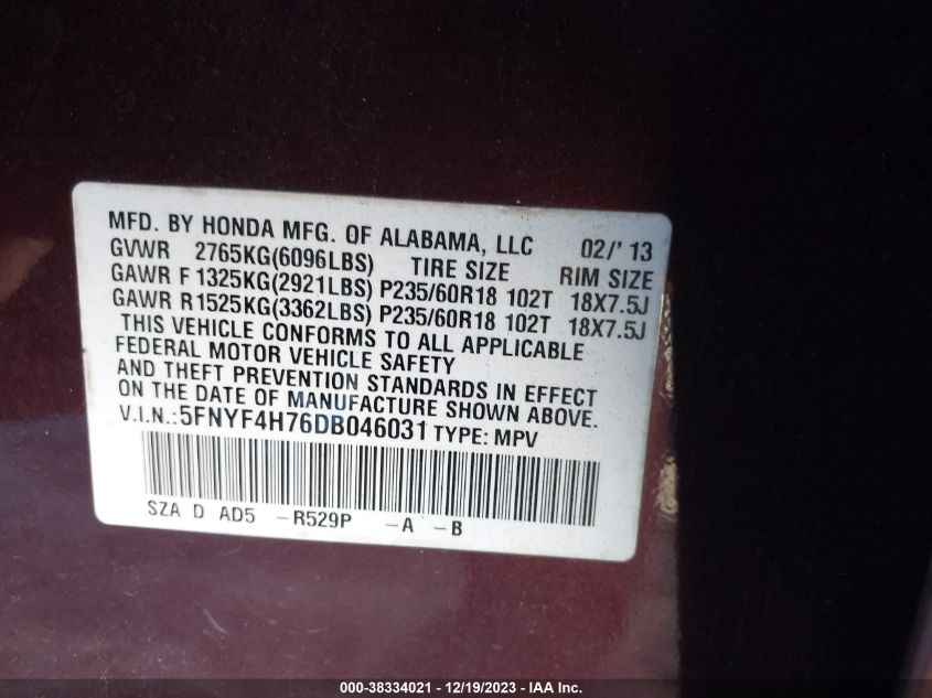 2013 HONDA PILOT EXLN - 5FNYF4H76DB046031