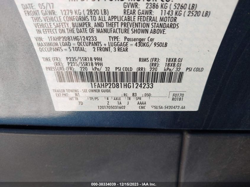 2017 FORD TAURUS SE - 1FAHP2D81HG124233