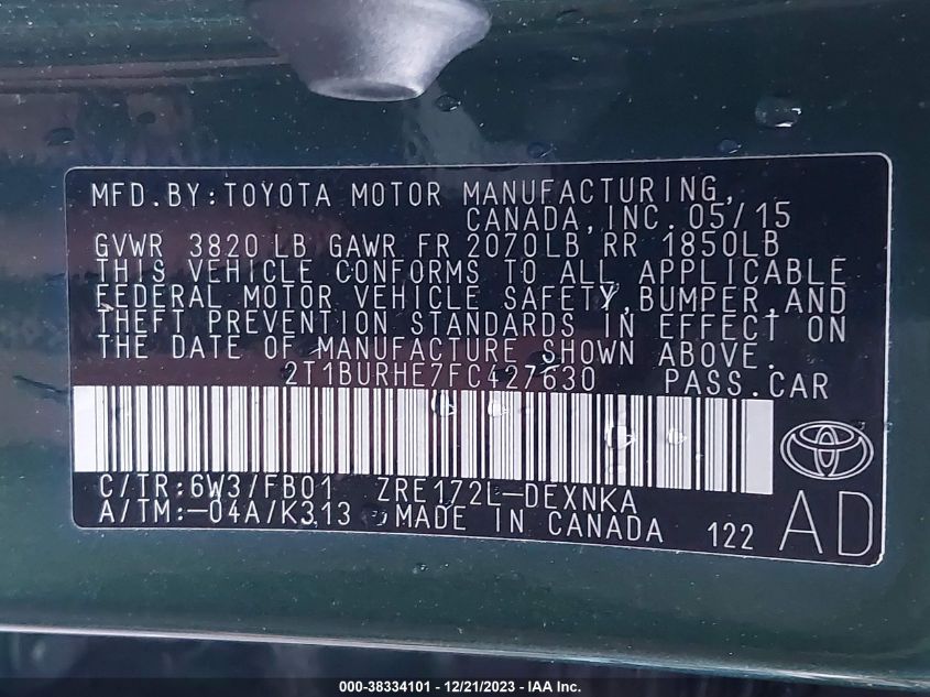 2015 TOYOTA COROLLA LE - 2T1BURHE7FC427630