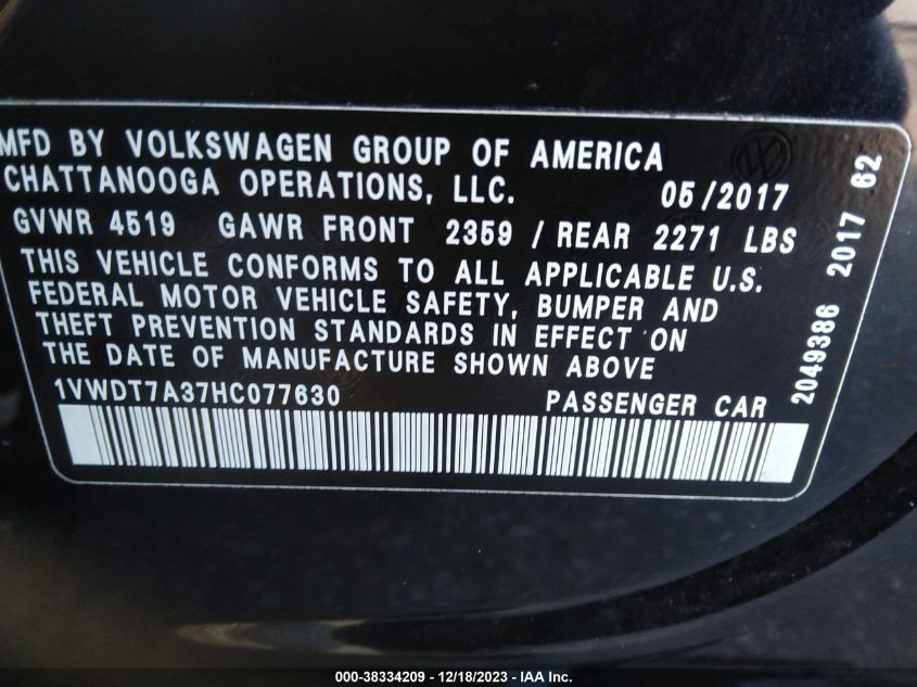 2017 VOLKSWAGEN PASSAT R-LINE - 1VWDT7A37HC077630
