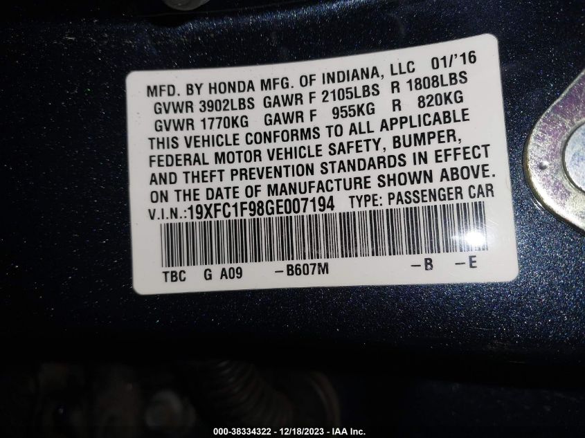 2016 HONDA CIVIC TOURING - 19XFC1F98GE007194