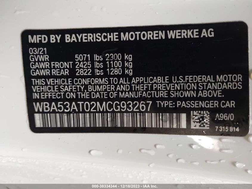 2021 BMW M440I WBA53AT02MCG93267