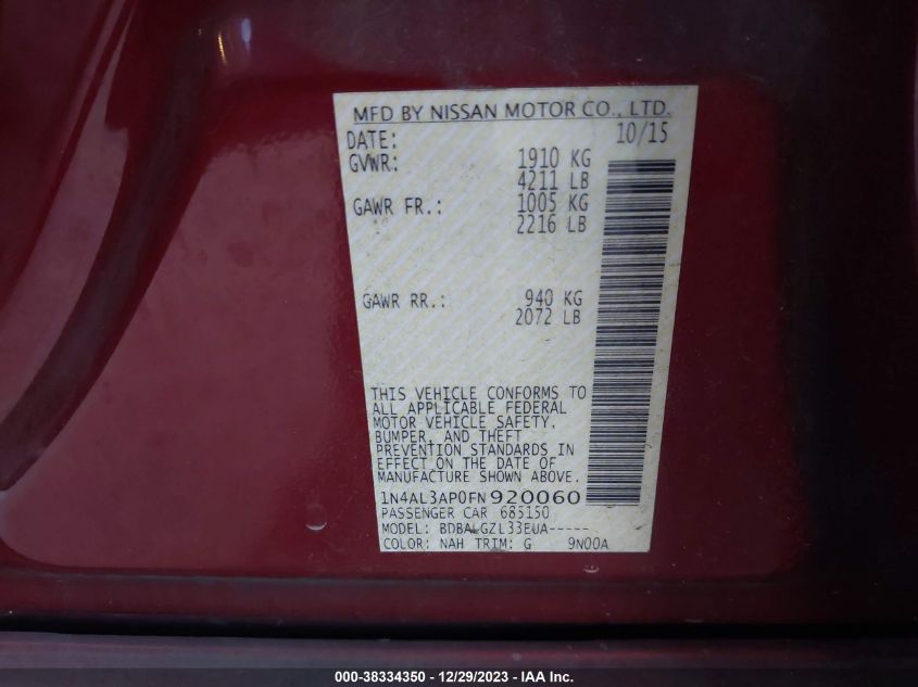2015 NISSAN ALTIMA 2.5 S - 1N4AL3AP0FN920060