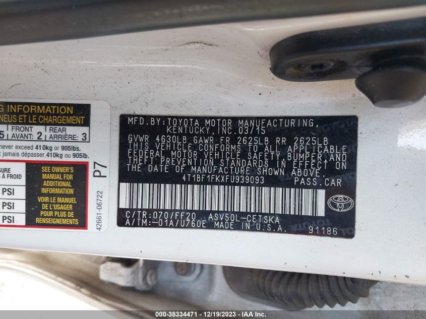 2015 TOYOTA CAMRY LE/XLE/SE/XSE - 4T1BF1FKXFU939093