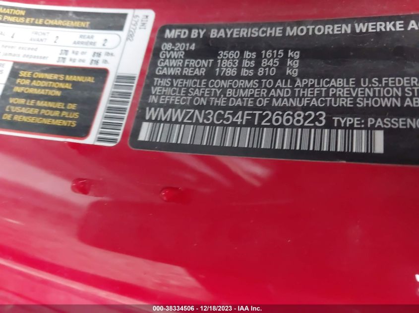 2015 MINI CONVERTIBLE COOPER WMWZN3C54FT266823