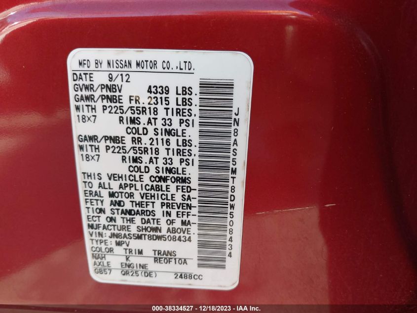 2013 NISSAN ROGUE SV W/SL PKG - JN8AS5MT8DW508434