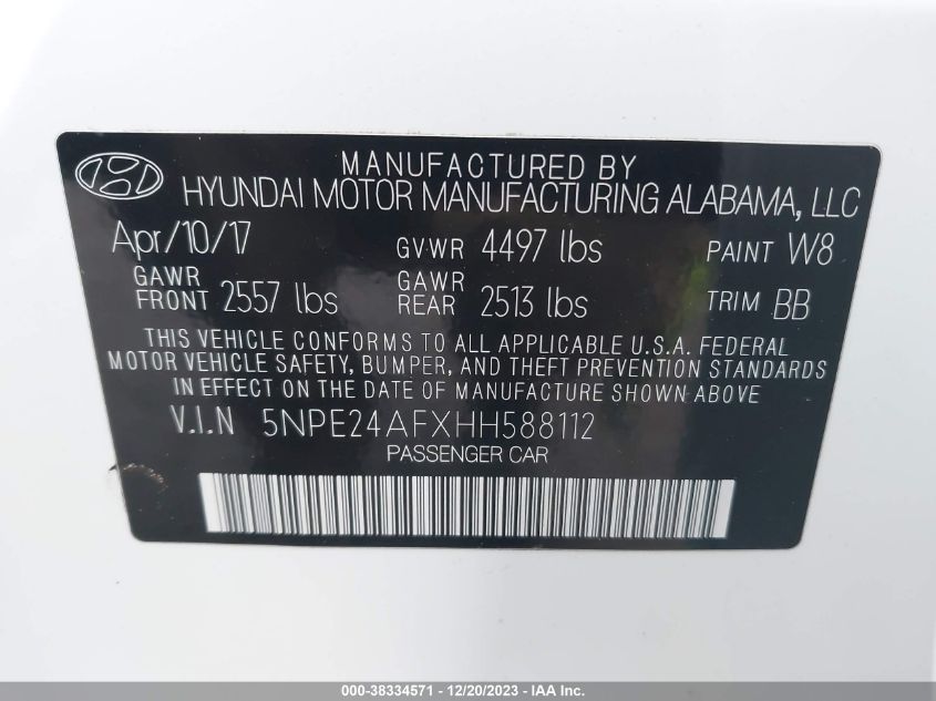 5NPE24AFXHH588112 | 2017 HYUNDAI SONATA