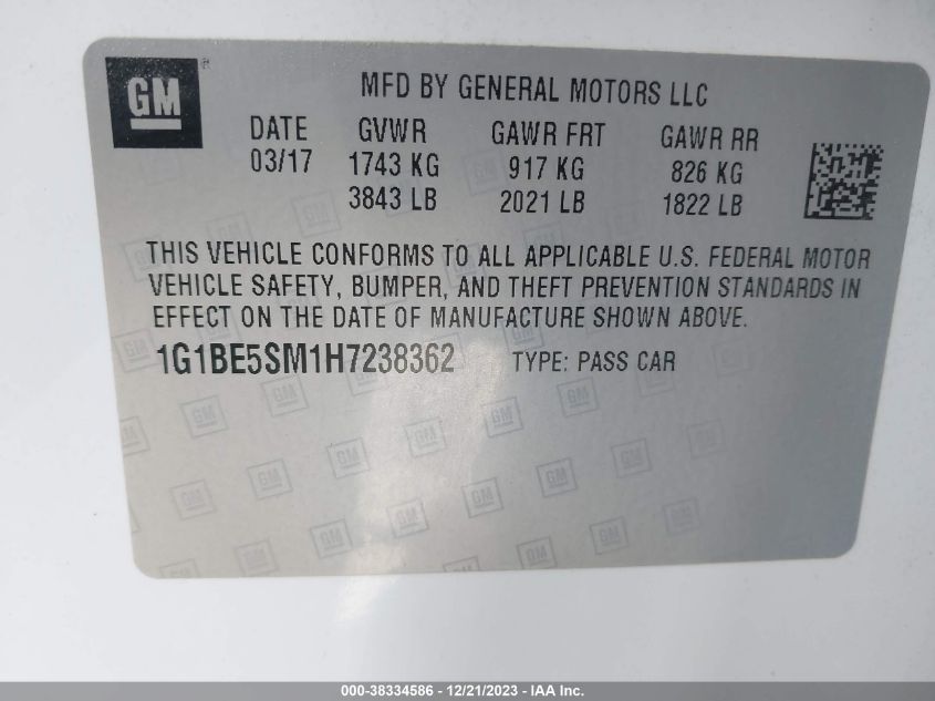 2017 CHEVROLET CRUZE LT - 1G1BE5SM1H7238362