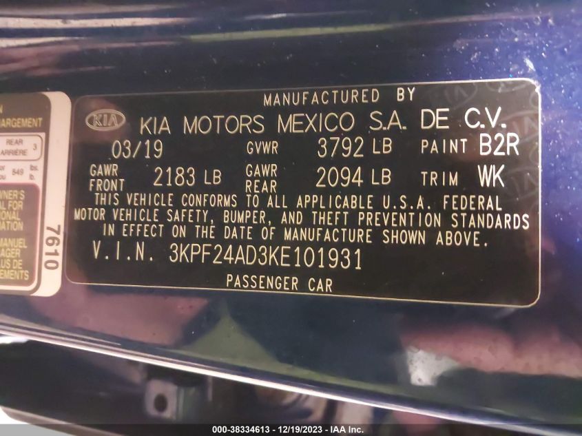 2019 KIA FORTE FE/LX/LXS - 3KPF24AD3KE101931