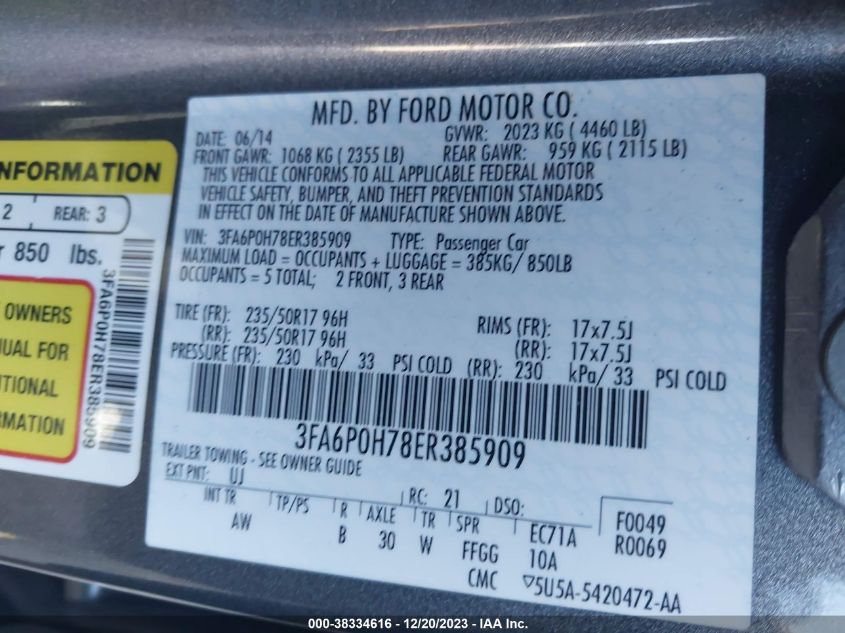 2014 FORD FUSION SE - 3FA6P0H78ER385909