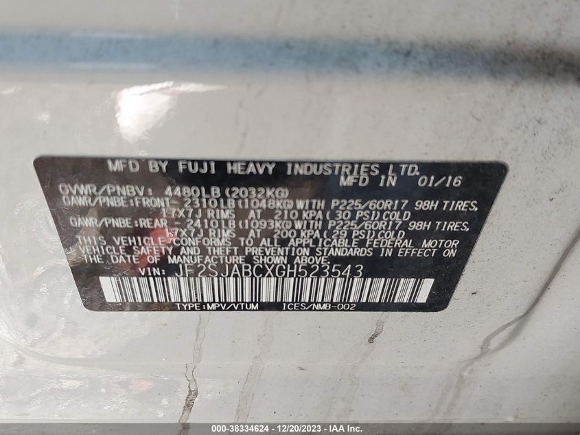 2016 SUBARU FORESTER 2.5I - JF2SJABCXGH523543