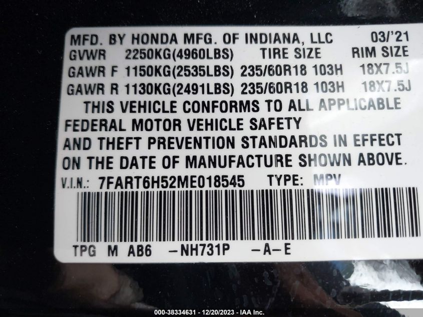 2021 HONDA CR-V HYBRID EX - 7FART6H52ME018545