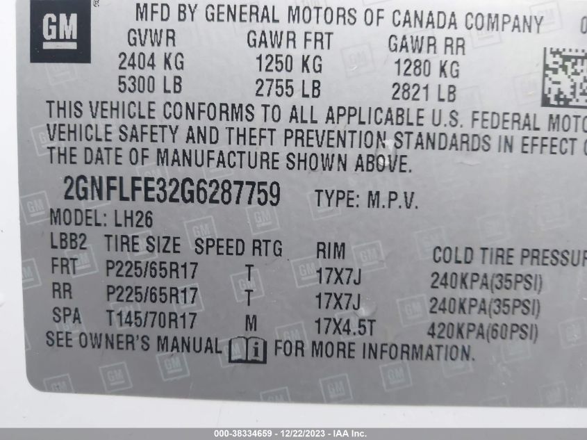 2016 CHEVROLET EQUINOX LT - 2GNFLFE32G6287759