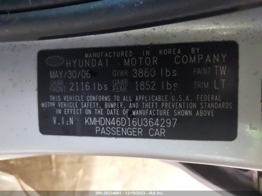 KMHDN46D16U364297 | 2006 HYUNDAI ELANTRA