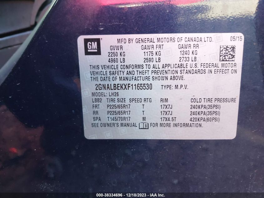 2015 CHEVROLET EQUINOX LT - 2GNALBEKXF1165530