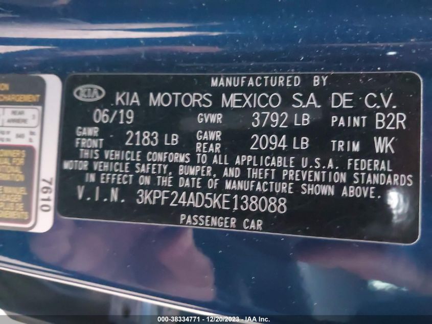 2019 KIA FORTE LXS - 3KPF24AD5KE138088