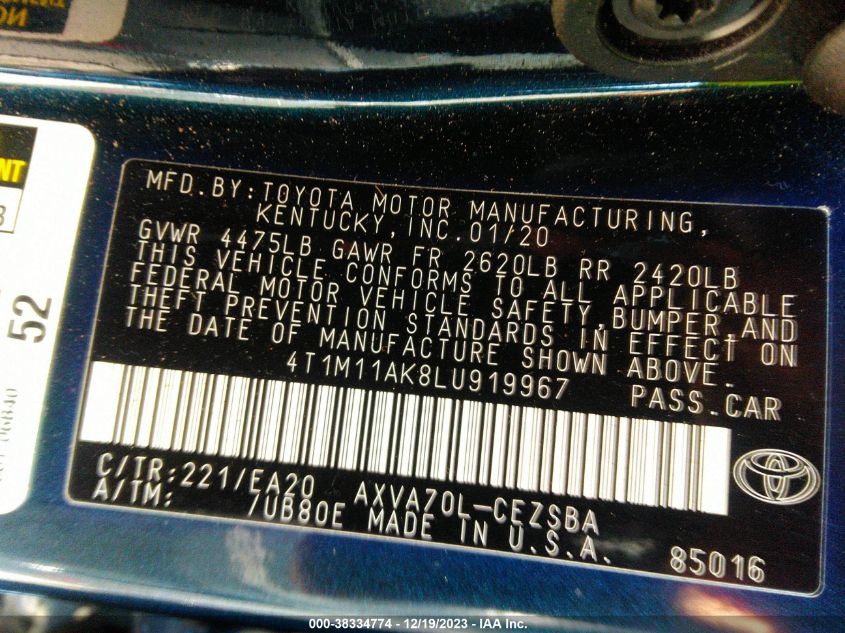 2020 TOYOTA CAMRY SE/SE NIGHT SHADE - 4T1M11AK8LU919967