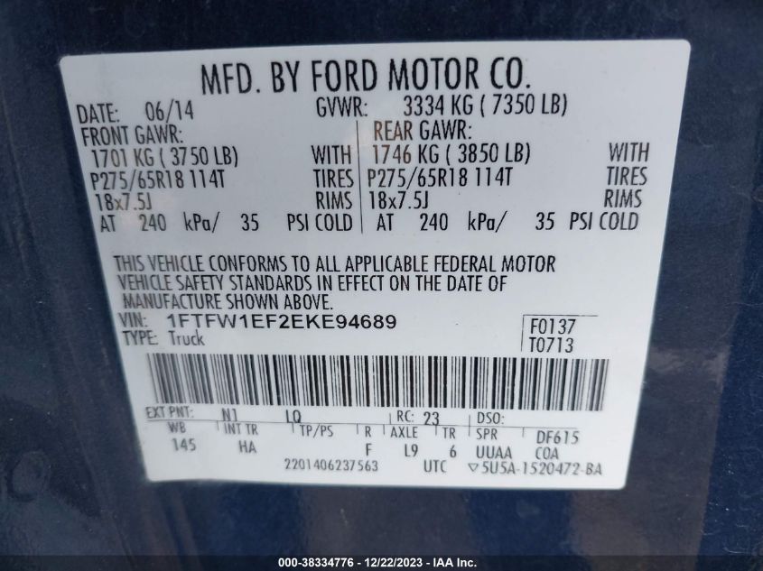 2014 FORD F-150 LARIAT - 1FTFW1EF2EKE94689