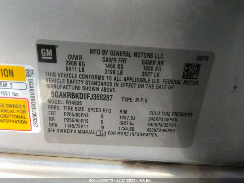 2015 BUICK ENCLAVE LEATHER - 5GAKRBKD0FJ368287