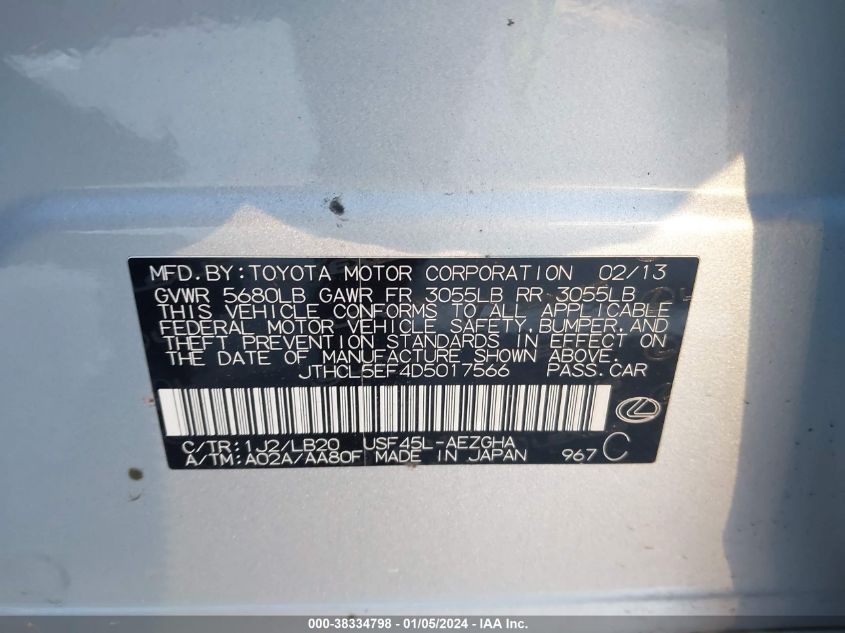 2013 LEXUS LS 460 - JTHCL5EF4D5017566
