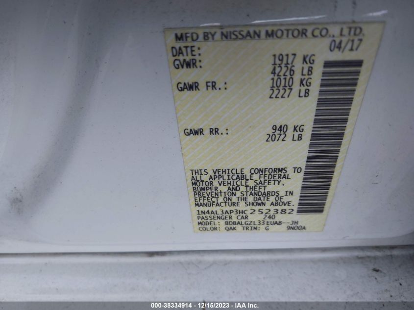 2017 NISSAN ALTIMA 2.5 S - 1N4AL3AP3HC252382