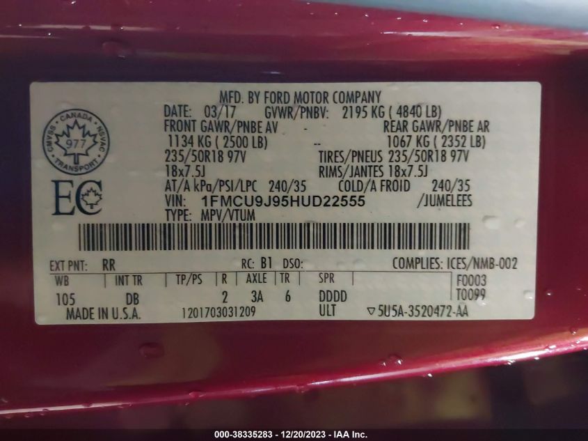 2017 FORD ESCAPE TITANIUM - 1FMCU9J95HUD22555