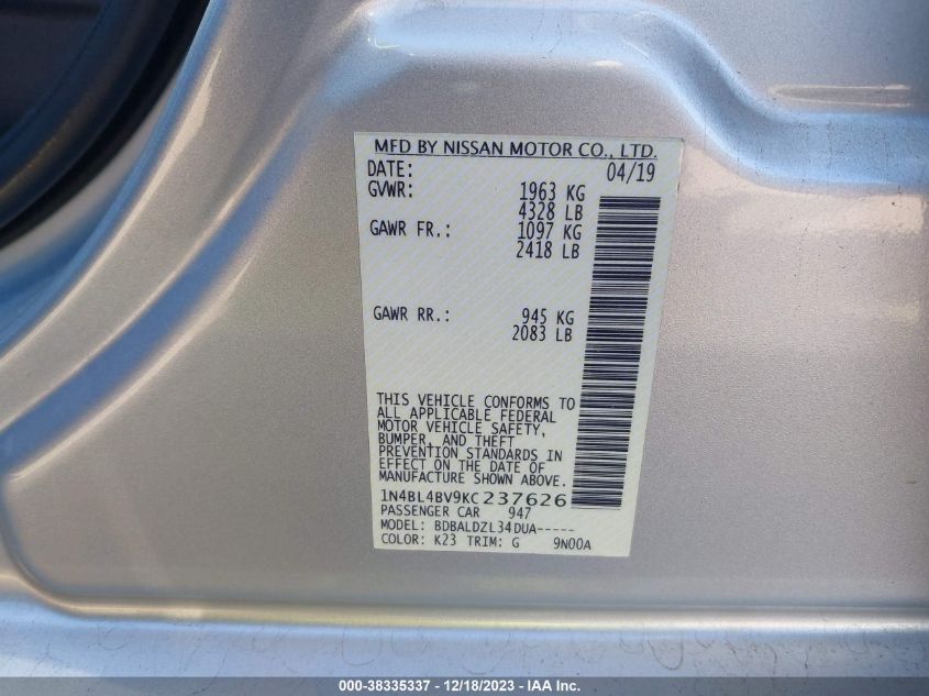 2019 NISSAN ALTIMA S - 1N4BL4BV9KC237626
