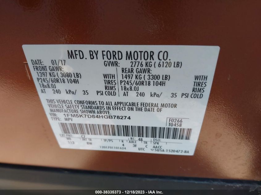 2017 FORD EXPLORER XLT - 1FM5K7D84HGB78274