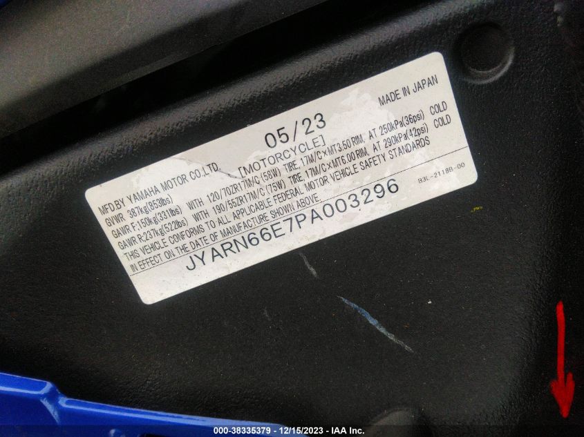 2023 YAMAHA YZFR1 JYARN66E7PA003296