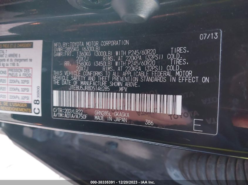 2013 TOYOTA 4RUNNER LIMITED - JTEBU5JR8D5146285