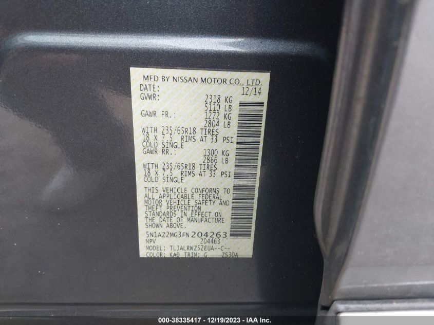 2015 NISSAN MURANO S/SL/SV/PLATINUM - 5N1AZ2MG3FN204263