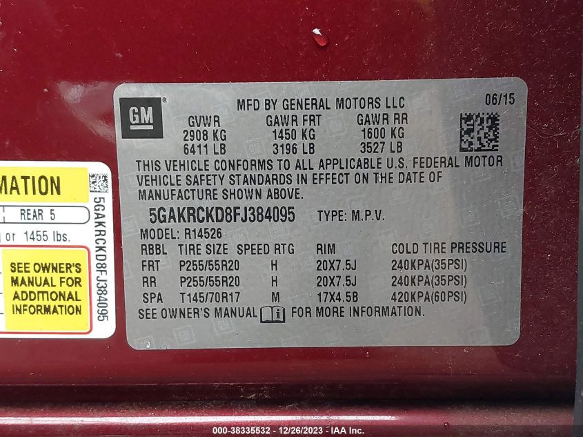 2015 BUICK ENCLAVE PREMIUM - 5GAKRCKD8FJ384095