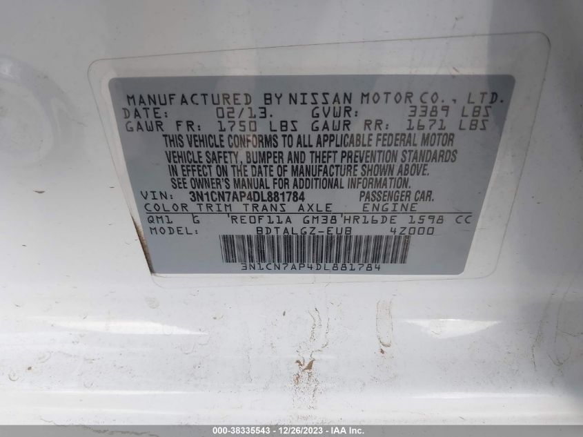 2013 NISSAN VERSA 1.6 SL - 3N1CN7AP4DL881784