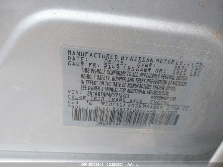 2019 NISSAN SENTRA S/SV/SR/SL - 3N1AB7AP4KY213743