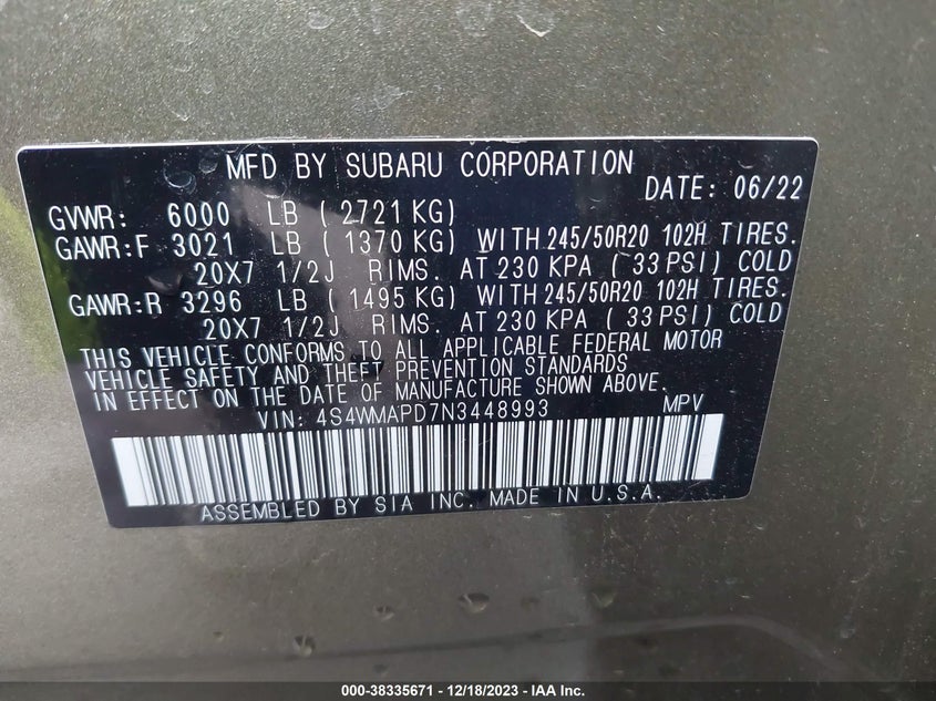 VIN 4S4WMAPD7N3448993 2022 SUBARU ASCENT LIMITED