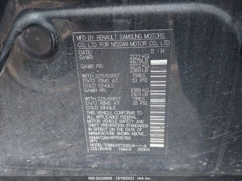 2015 NISSAN ROGUE S/SL/SV - KNMAT2MVXFP515763