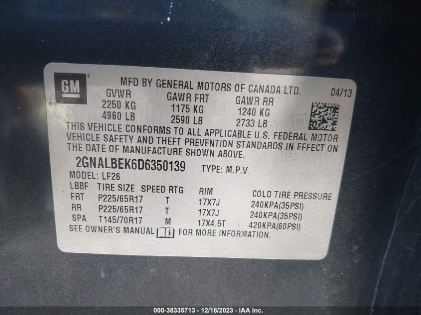 2013 CHEVROLET EQUINOX LS - 2GNALBEK6D6350139