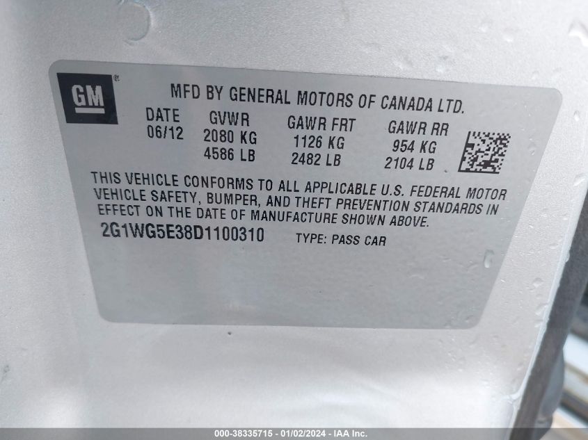 2013 CHEVROLET IMPALA LT - 2G1WG5E38D1100310