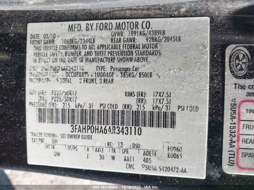 3FAHP0HA6AR343110 | 2010 FORD FUSION