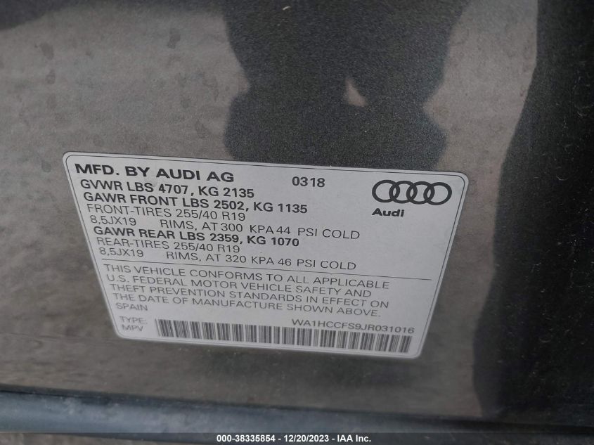 2018 AUDI Q3 2.0T PREMIUM/2.0T SPORT PREMIUM - WA1HCCFS9JR031016