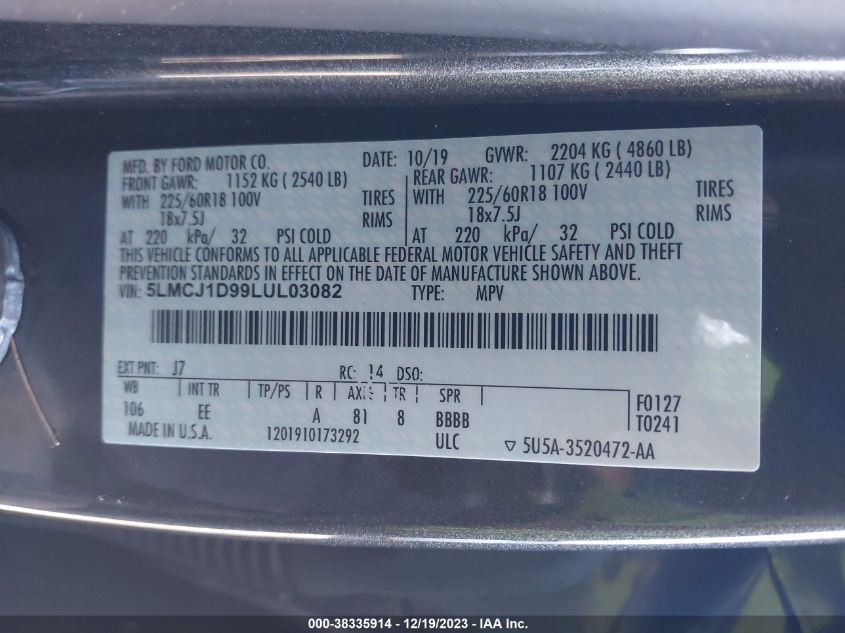 2020 LINCOLN CORSAIR - 5LMCJ1D99LUL03082