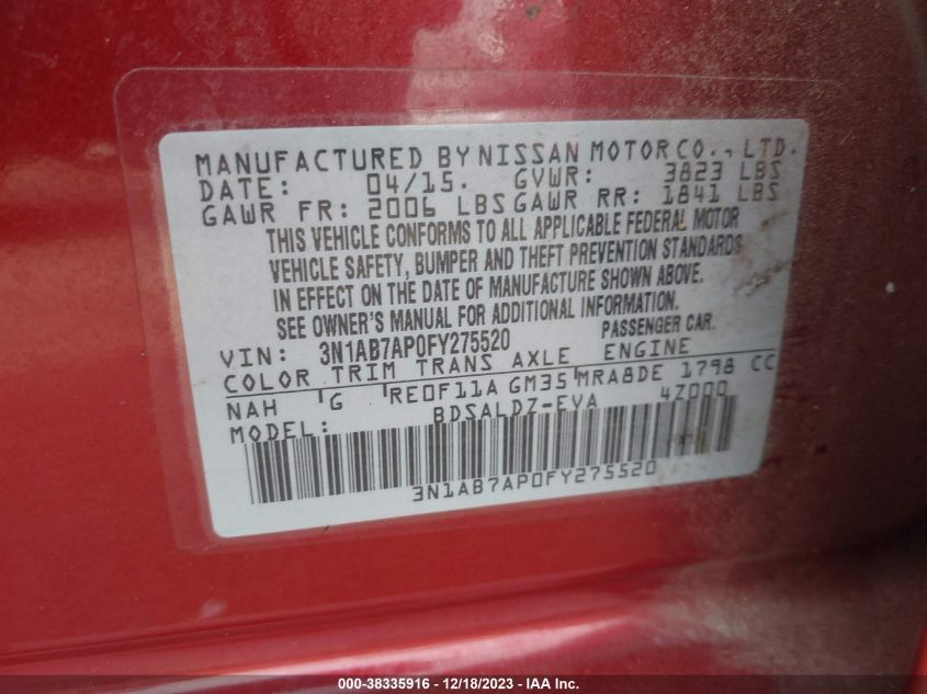 2015 NISSAN SENTRA S/SV/SR/SL - 3N1AB7AP0FY275520