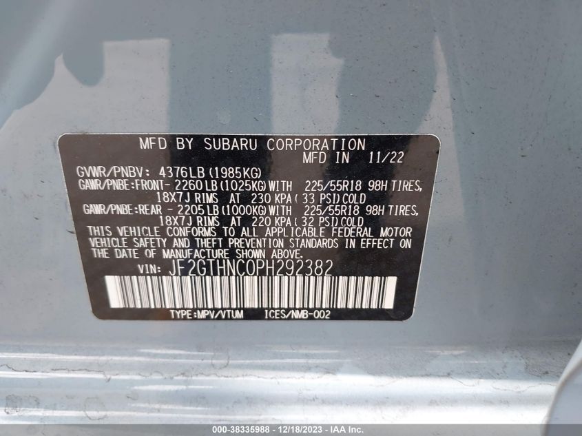 2023 SUBARU CROSSTREK LIMITED - JF2GTHNC0PH292382