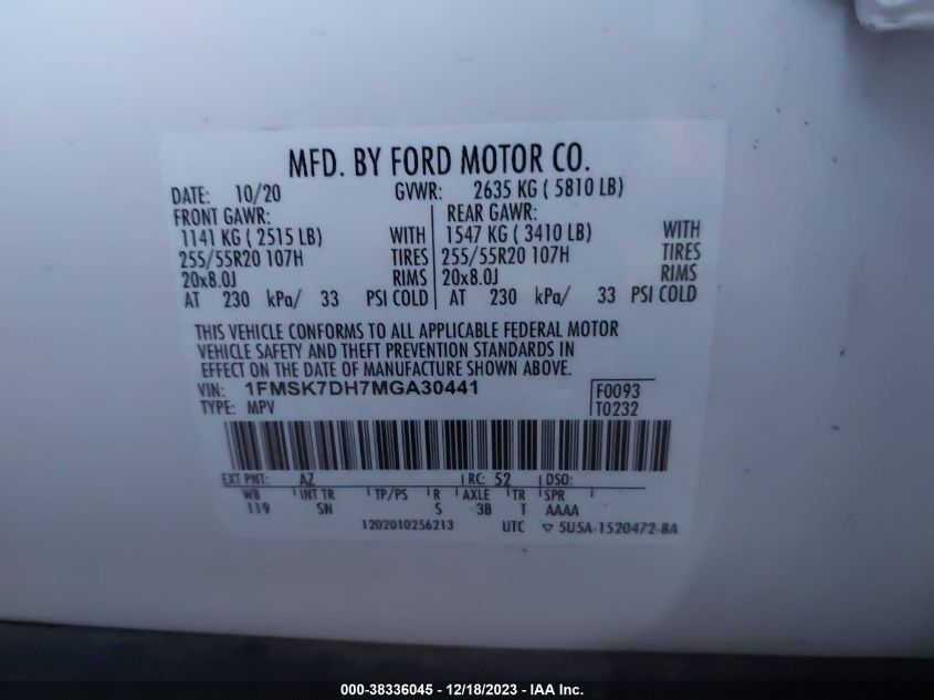 2021 FORD EXPLORER XLT - 1FMSK7DH7MGA30441