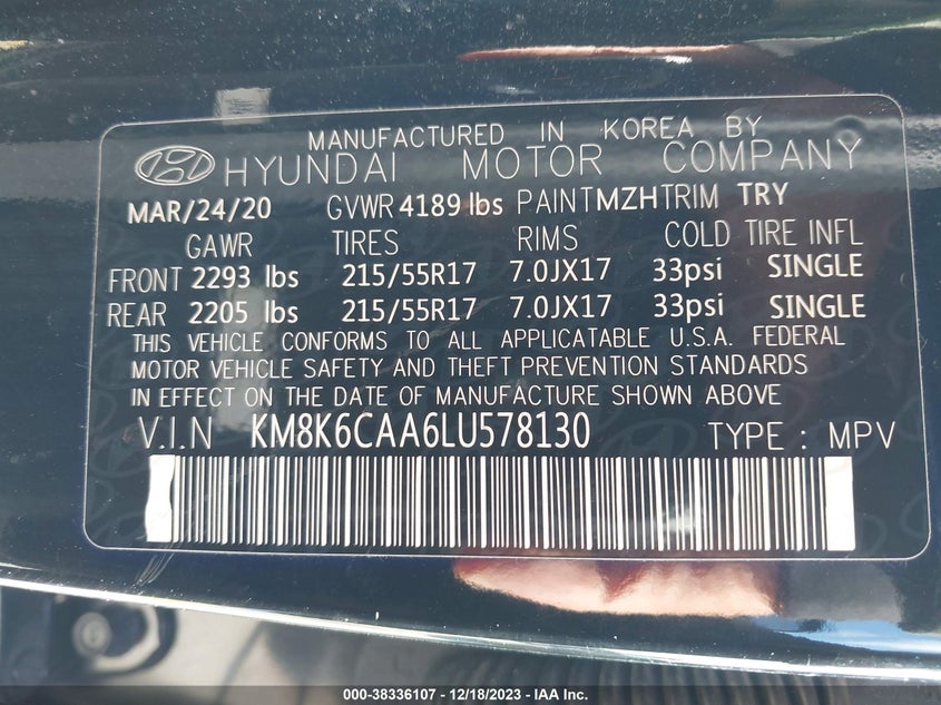VIN KM8K6CAA6LU578130 2020 HYUNDAI KONA SEL PLUS