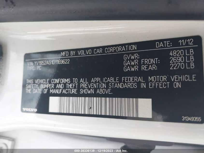 2013 VOLVO S80 3.2/3.2 PLATINUM/3.2 PREMIER PLUS YV1952AS1D1169622
